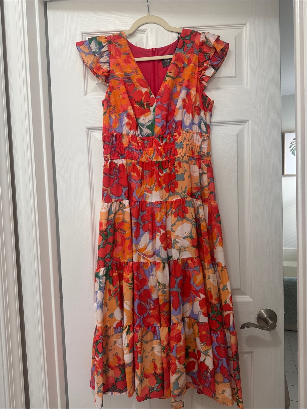 Vince Camuto Red Orange Floral Midi Dress